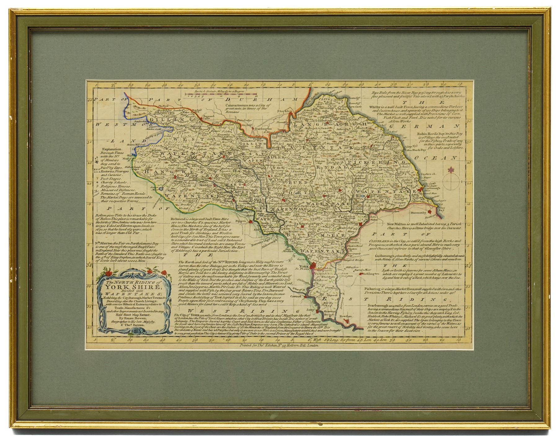 Emanuel Bowen (British 1694-1767): 'Yorkshire Divided into its Ridings' 'North Riding of Yorkshire' 'West Riding of Yorkshire' and 'East Riding of Yorkshire', set of four 18th century engraved maps with hand-colouring pub. Thomas Kitchin c.1750, 24cm x 34cm (4)