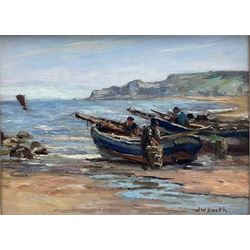 James William Booth (Staithes Group 1867-1953): Cobles on the Beach at Runswick Bay, oil on canvas signed 22cm x 30cm
Provenance: private Yorkshire collection purchased T B & R Jordan, Fine Art Specialists, Stockton on Tees, labelled verso