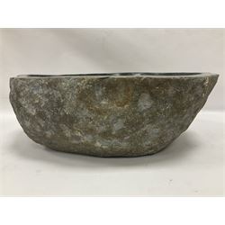 River rock carved stone bowl with polished centre, H16cm, W36cm, L47cm