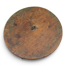 18th century primitive circular occasional table, single plank top with visible join, raised on turned column and splayed tripod base with shaped feet