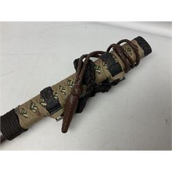 Reproduction Scottish officers basket hilt broad sword, the brass basket pierced with heart-shaped motifs lined with red lining, together with a reproduction Japanese Katana sword, longest L110cm