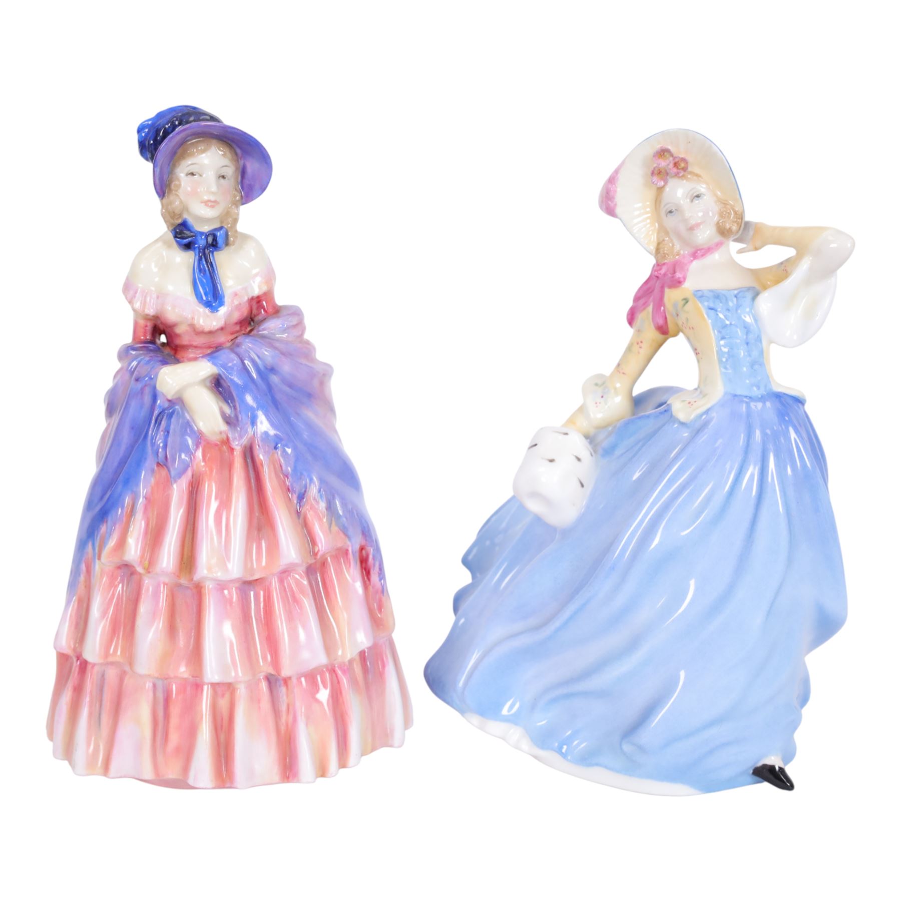 Six Royal Doulton figures, comprising Victorian Lady HN728, Top of the Hill in two colourways, HN1833 HN1849 and Autumn Breeze in three colourways HN1913, HN2131 and HN3736