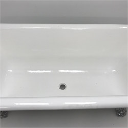  French cast iron roll top bath by L'Hygiene Moderne Depose Paris, with central plug hole and on chromed loins paw acanthus feet, L173cm, W84, H72cm   
