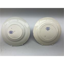 Spode blue and white Italian pattern dinner and tea wares, comprising five dinner plates, four side plates, seventeen side plates, four bowls, ten tea cups and twenty one saucers, five coffee cans and six saucers, and a flan dish, with blue and black printed marks beneath 