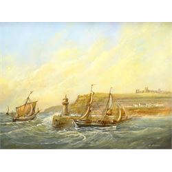 Colin Russell (British 1932-2009): Fishing Boats returning to Whitby Harbour, oil on canvas signed 44cm x 60cm; Roy (Royston) Buckley (British 20th century): 'Scarborough Pierhead 1890', acrylic on board signed 46cm x 62cm (2)