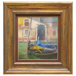 Raymond Oliver (British 1933-): 'San Maria Della Salute Venice' 'Rainy Day St Marks Venice' & 'A Venetian Doorway', set of three acrylic on watercolour paper signed, titled verso 16cm x 15cm