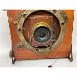 Thornton Pickard Imperial Triple folding plate camera in mahogany and lacquered brass, field model, three mahogany photographic plates and a wooden tripod