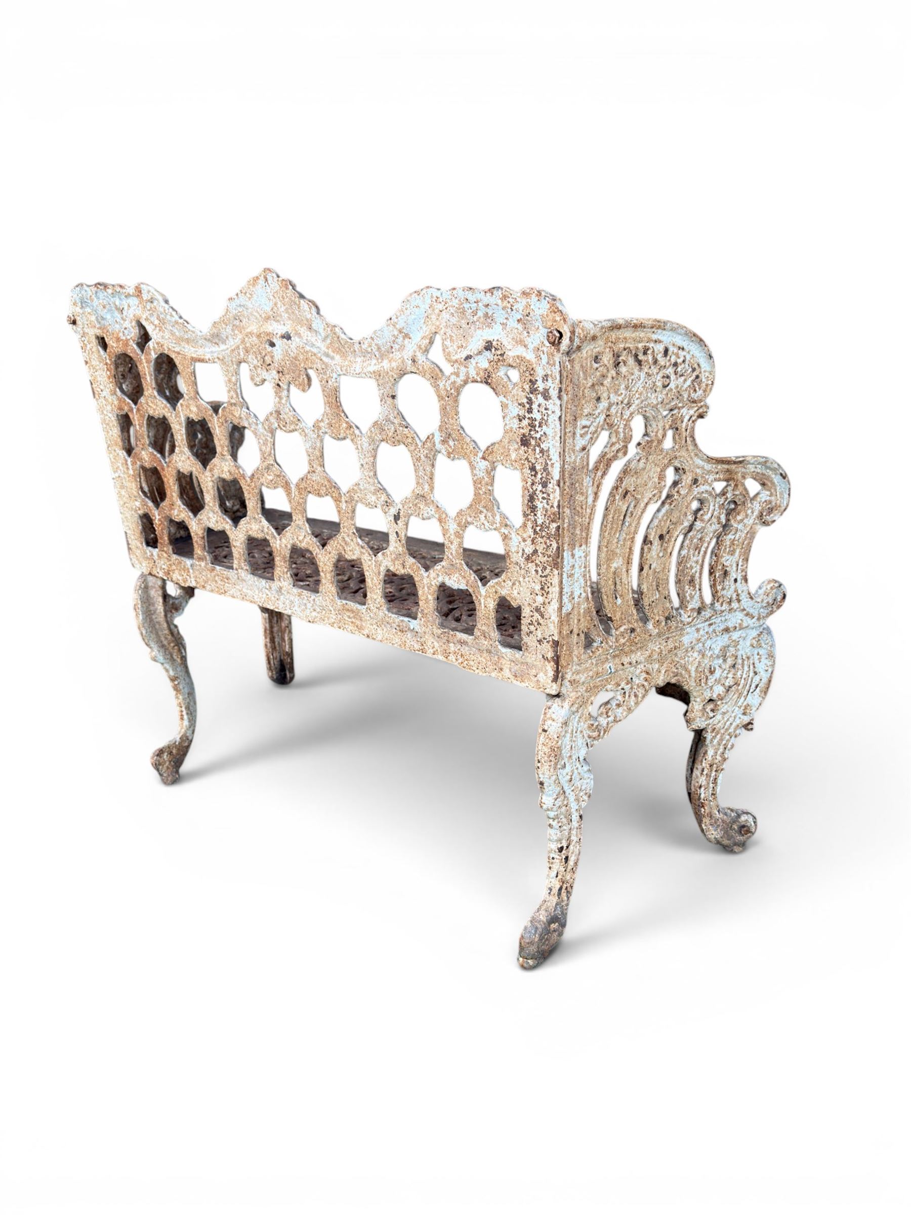 Victorian revival Carron Foundry design heavy cast iron two seat garden bench, scrolled arms with pierced lattice seat, finished in antique white paint