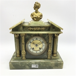 Victorian green onyx mantel clock, sloped arched pediment with gilt metal bust of a woman, decorated with gilt metal Corinthian columns and mounts, twin train movement striking the hours and half on coil, W32cm, H38cm