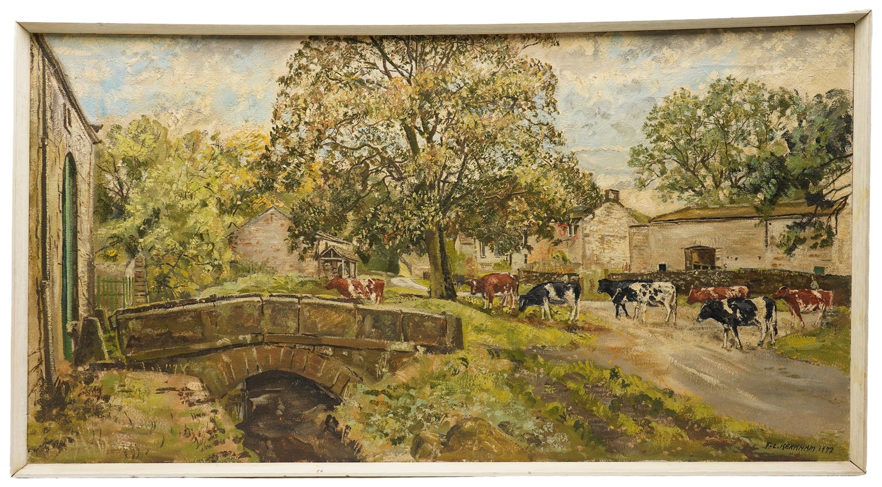 Thomas Leslie Kerkham (Yorkshire 1918-1986): Cows Roaming Over a Bridge - Dales, oil on canvas signed and dated 1972, 61cm x 114cm