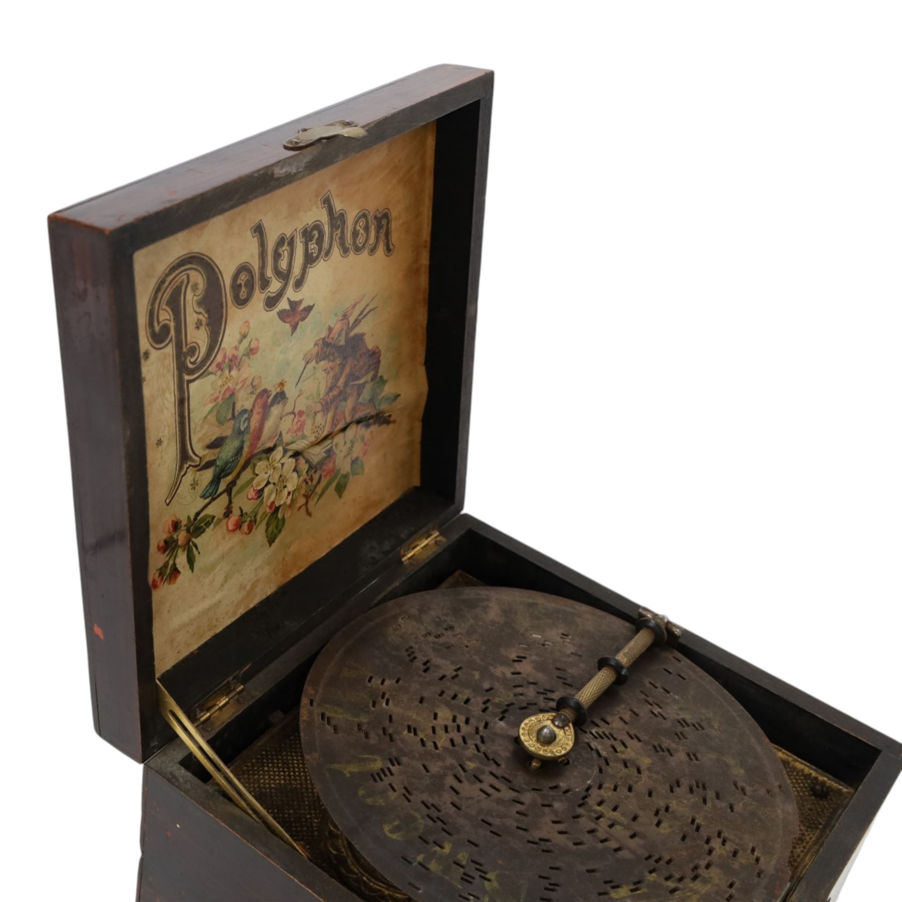 German late 19th century Polyphon, in a mahogany finished case with floral decoration to cover, serial no. 17707, with thirteen discs, H12.5cm, W20cm