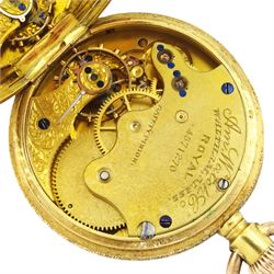 19th century 18ct gold open face keyless Royal lever presentation fob watch by American Watch Company, Massachusetts, No. 4571270, gilt dial with Roman numeral hour markers, back case with engraved decoration, stamped 18c with Helvetia hallmark