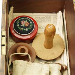 19th century mahogany tea caddy with covered interior and glass bowl, countersunk brass handle W23cm and a crossbanded mahogany sewing box (2)
