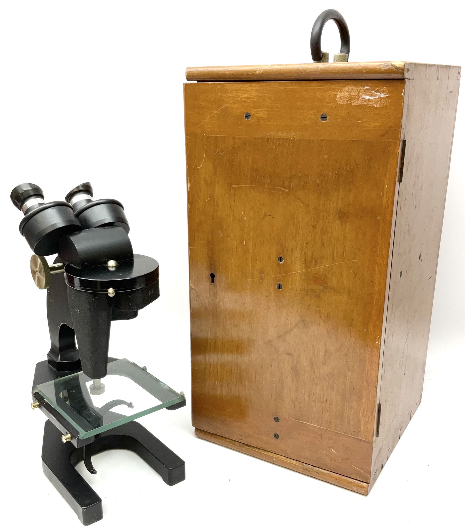 Charles Perry binocular microscope 'Classic No 1', with pitchfork base and rack and pinion focusing, in original fitted mahogany case with additional lenses, H44cm