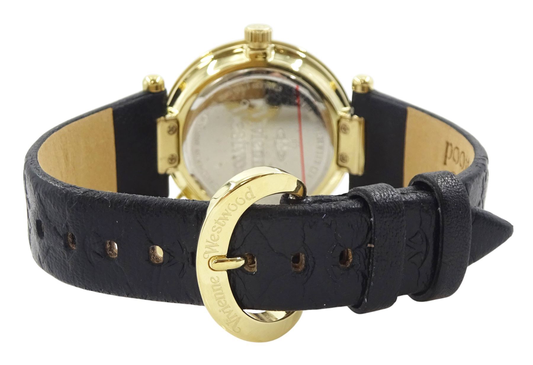 Vivienne Westwood Orb gold-plated quartz wristwatch, on original black leather strap, boxed