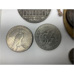 United States of America 1922 peace dollar, 1971 dollar coin, various commemorative crowns, commemorative medallions etc