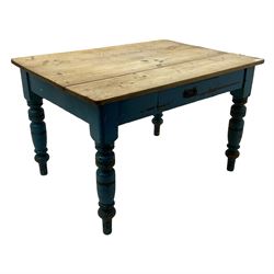 Victorian rustic painted pine kitchen table,  rectangular stripped top, the blue painted base fitted with single drawer, on ring turned supports
