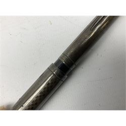  Silver Waterman's Ideal fountain pen with textured decoration, stamped Sterling, together with other fountain pens with gold nibs to include 14ct gold examples, together with further pens to include ballpoint examples