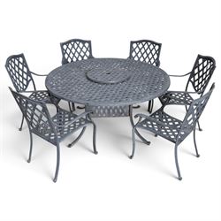 Grey-painted cast metal garden dining suite, comprising circular latticework table on spla...