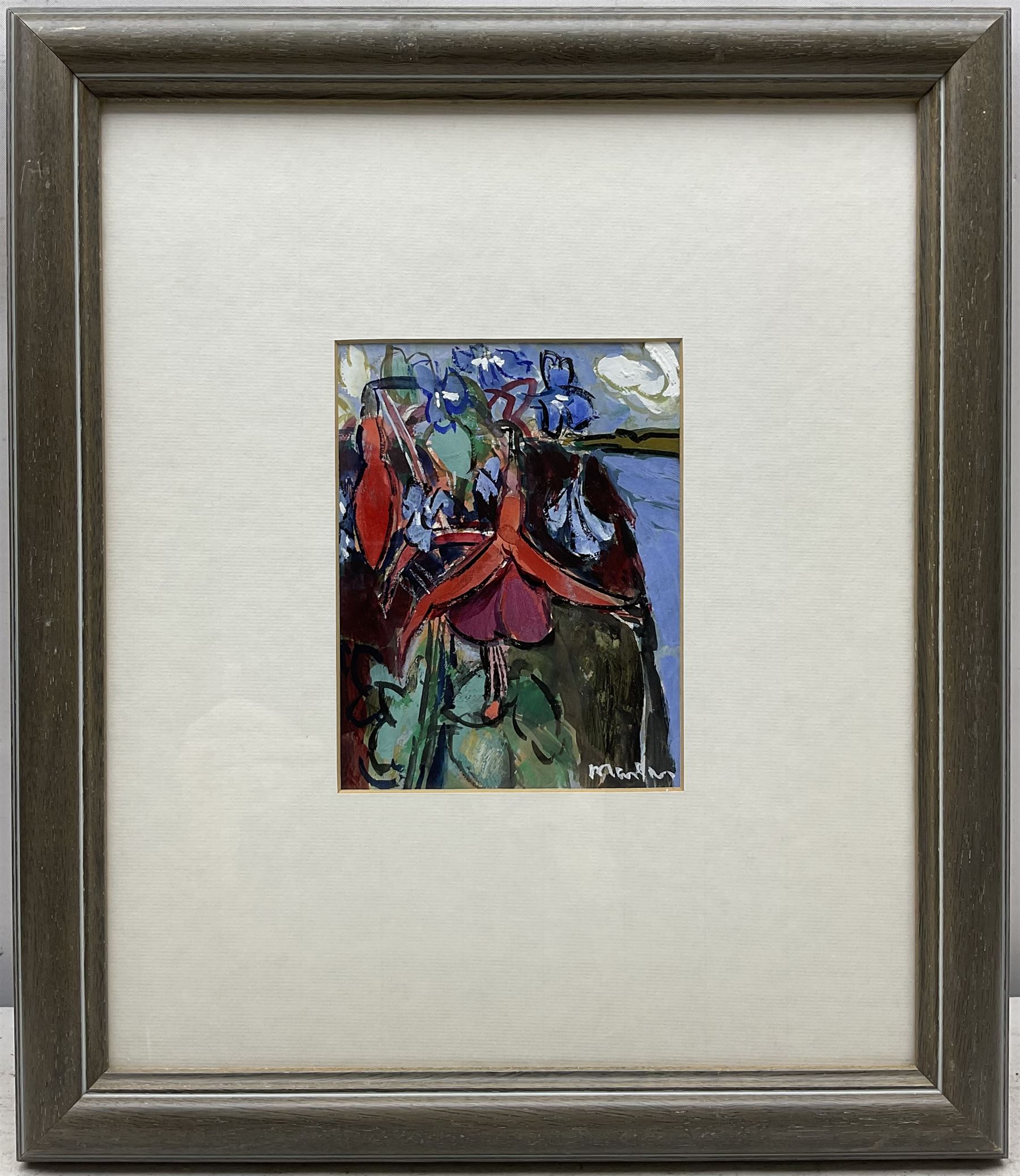 Donald Manson (Scottish 1948-): 'Flowers', gouache signed, artist's 'Renfrewshire' address label verso 14.5cm x 11.5cm
Provenance: with The Open Eye Gallery, Edinburgh, label verso 