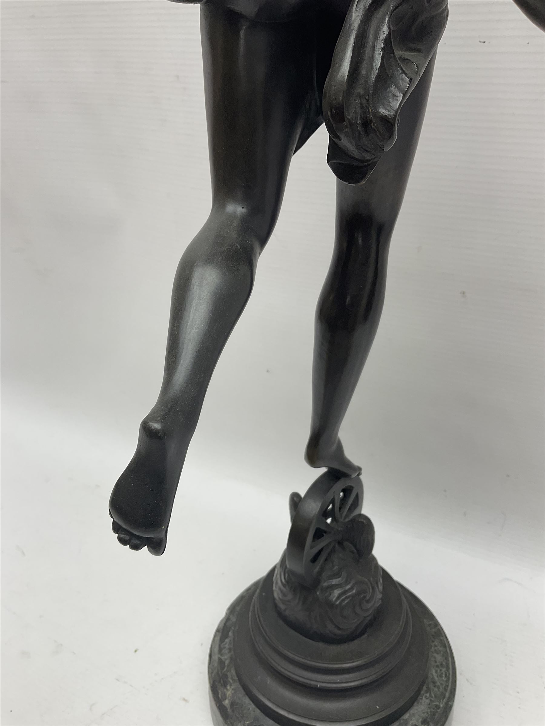 After Louis Guillaume Fulconis, a bronzed figure of Fortuna with cornucopia in her right hand and standing on a wheel on green serpentine base, height 60cm