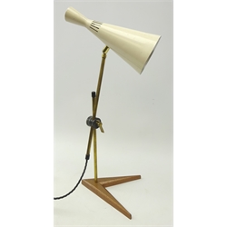  Mid 20th century copper and brass desk lamp, double ended conical lamp, two adjustable brass rods and a v-shaped copper finish aluminium base, H54cm   
