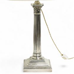 Edwardian Silver Corinthian column table lamp, the stepped square base with gadrooned border and with pleated shade H40cm excluding fitting Sheffield 1908 Maker Hawksworth, Eyre & Co. Ltd.