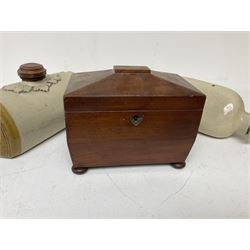sarcophagus shaped tea caddy with bun feet, together with two stone hot water bottles, caddy H17cm 