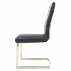 Set of seven contemporary style dining chairs, each with a high padded back and seat upholstered in faux leather on brushed steel sled bases  