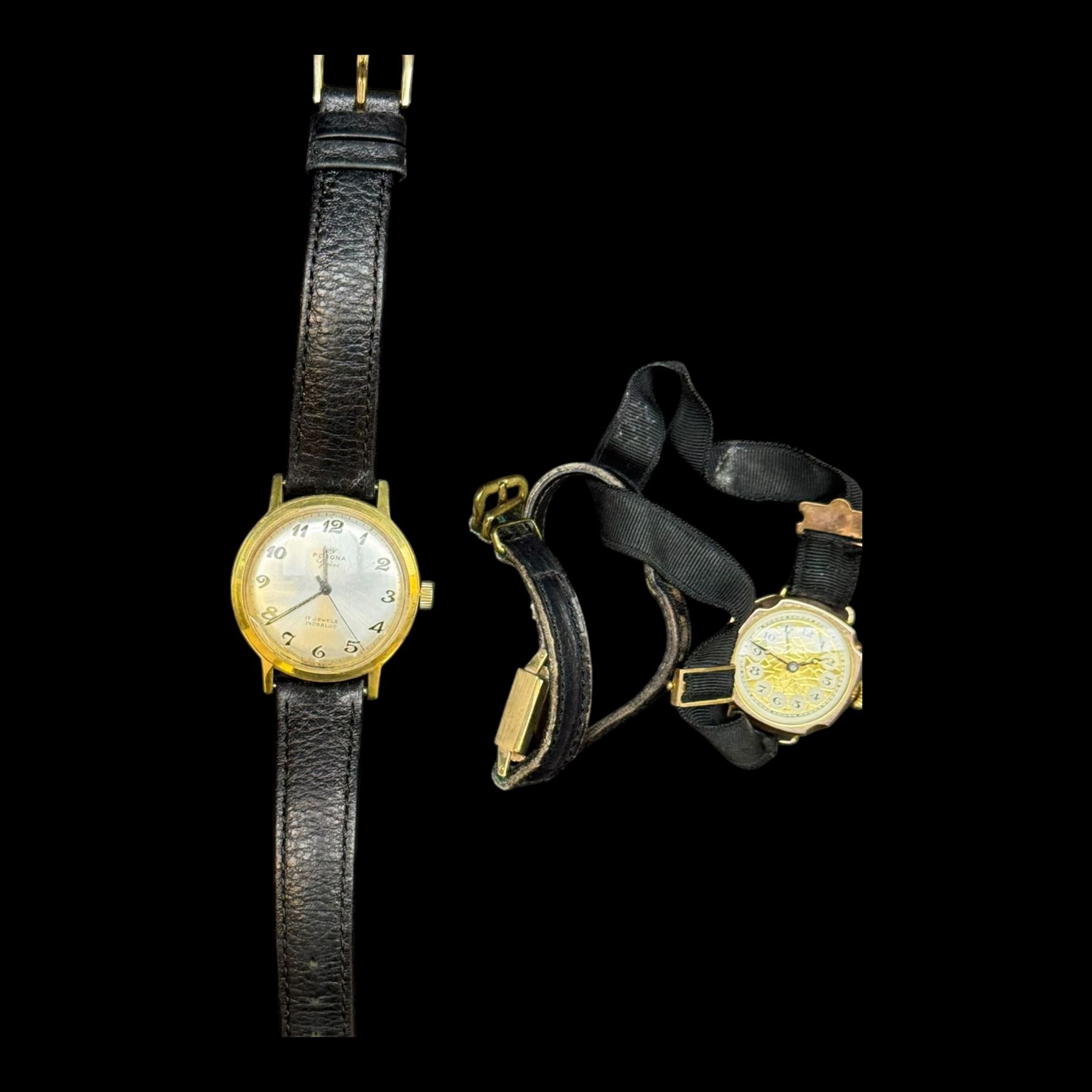 Three 9ct gold cased wristwatches, including ladies Avia watch on leather strap, Helvetia gentlemans wristwatch on leather strap, ladies wristwatch on canvas strap, together with a gold plated Perona automatic wristwatch on leather strap