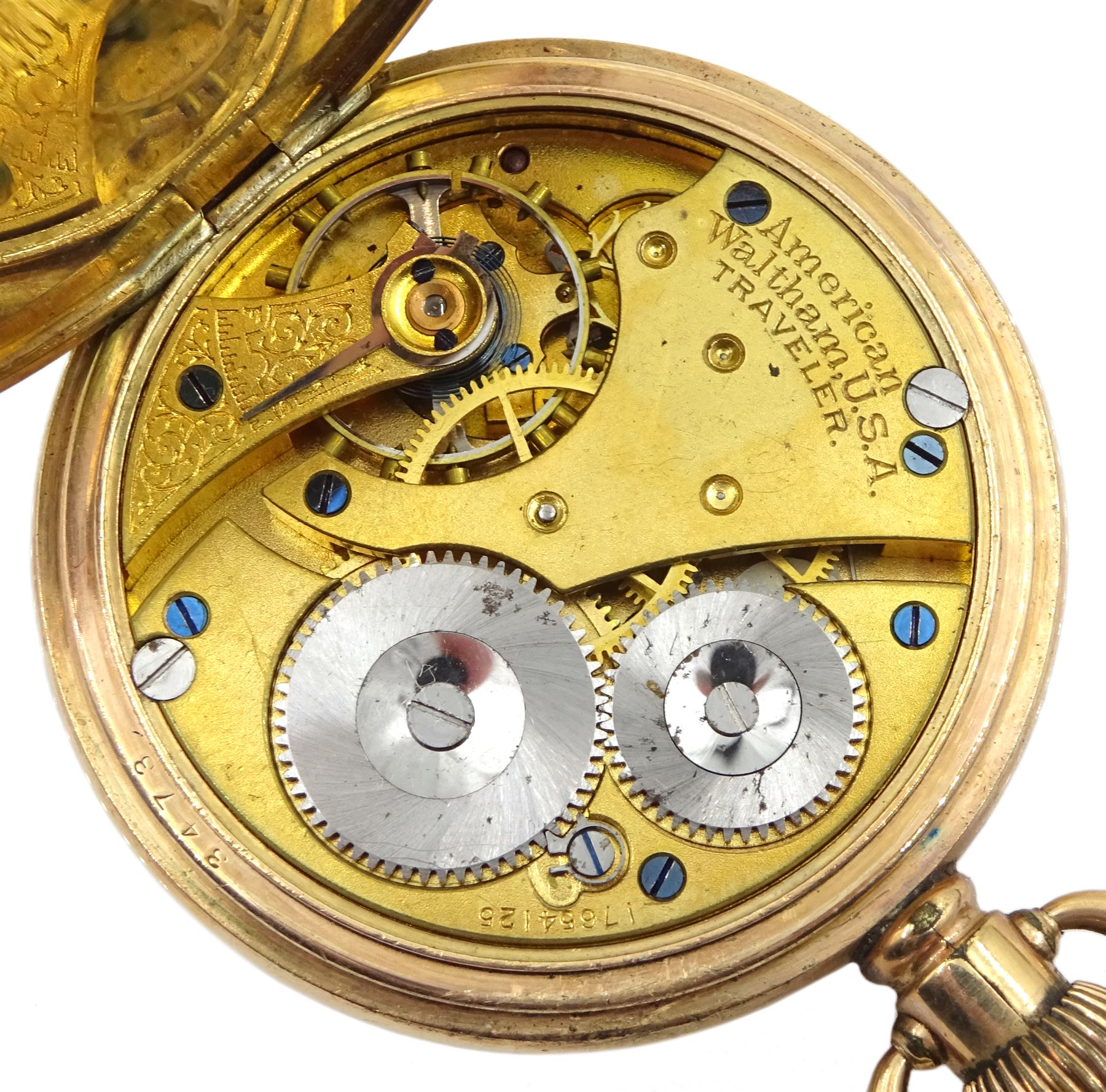 Gold plated Waltham Traveler full hunter keyless lever pocket watch, No. 17654125, white enamel dial with Roman numerals, boxed