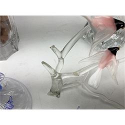 Quantity of glass animal figures to include examples modelled as fish, birds upon a blossoming branch, cranes, birds etc together with glass vases