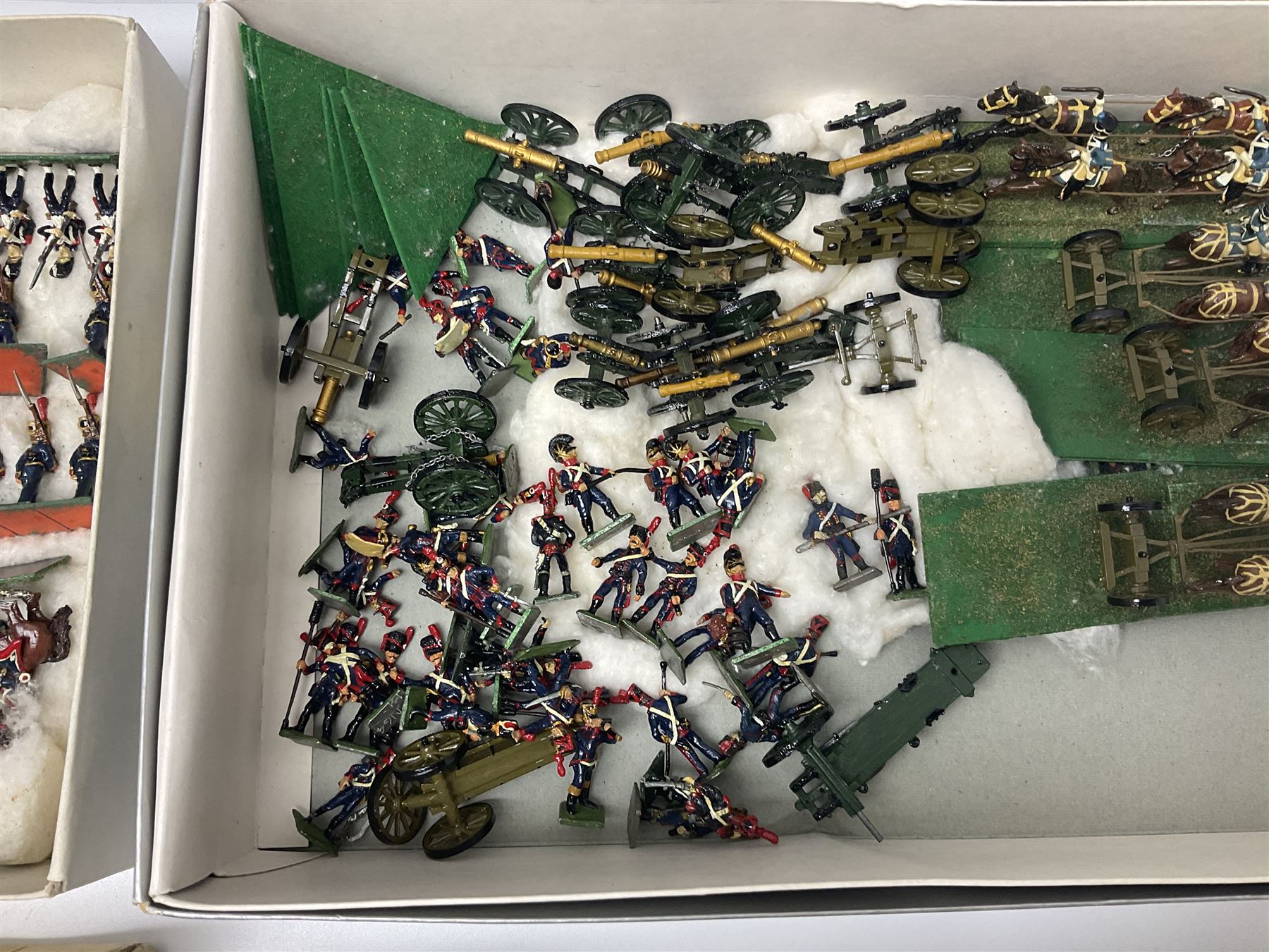 Painted metal wargame figures - over four hundred and sixty including Napoleonic, Dragoons, Line, horse-drawn and other Artillery, mounted etc; individuals and ranks of two, three and four; various scales including 20mm, 25mm etc