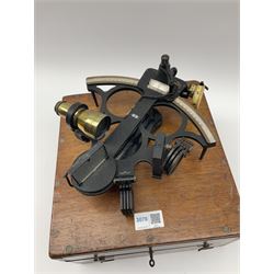 Henry Hughes & Son Ltd. sextant with black crackled finish, brass and silvered graduated arc and various coloured glass filters, serial no.60818, in fitted mahogany carrying box bearing Lilley & Reynolds Ltd. certificate dated 1962 W26cm