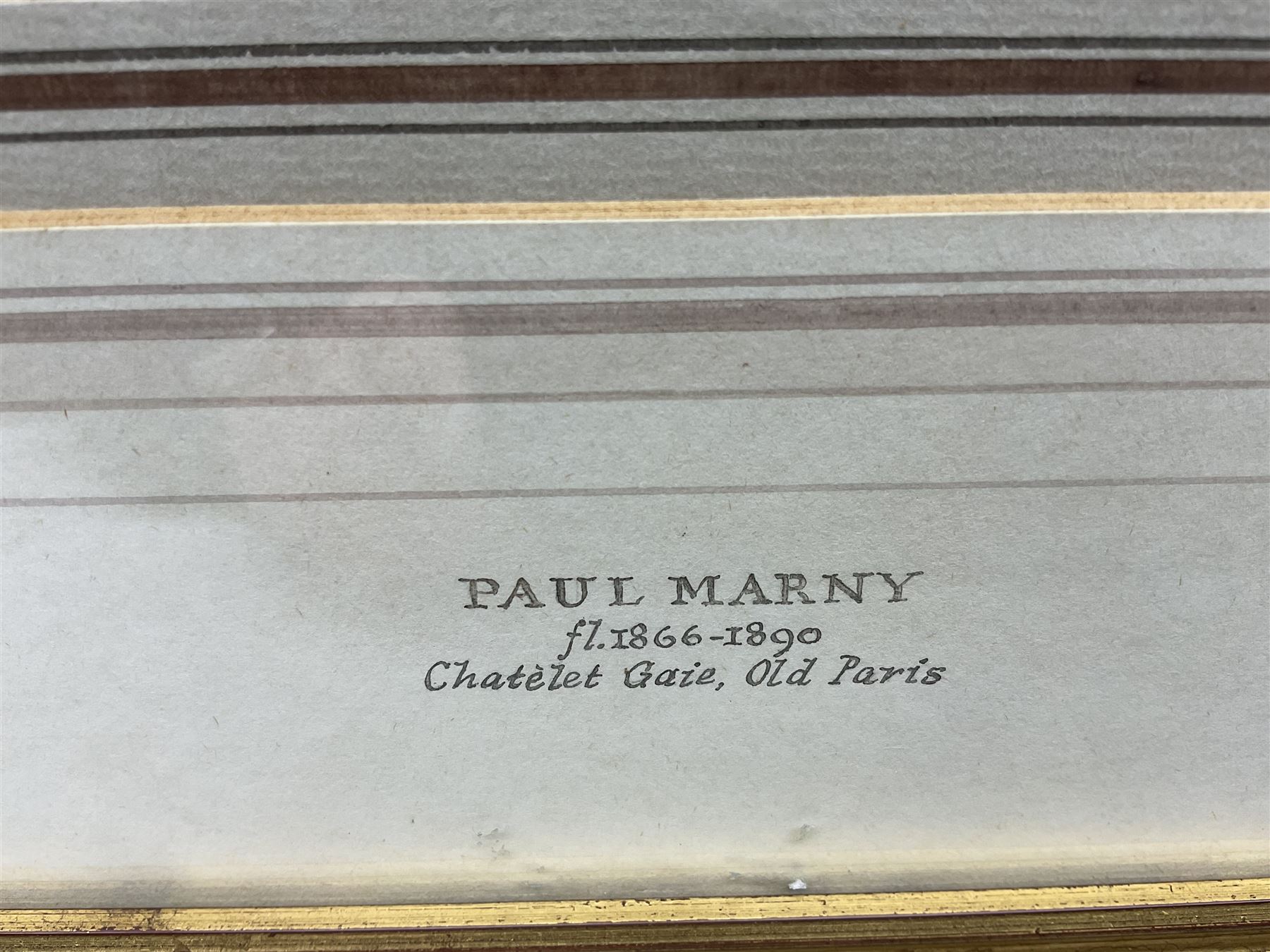 Paul Marny (French/British 1829-1914): 'Chatèlet Gaie and Pump St Michel - Old Paris', pair watercolours signed with initials, titled on the mounts 11.5cm x 19cm (2) 
Provenance: with Richard Hagen, Broadway, Worcestershire, label verso