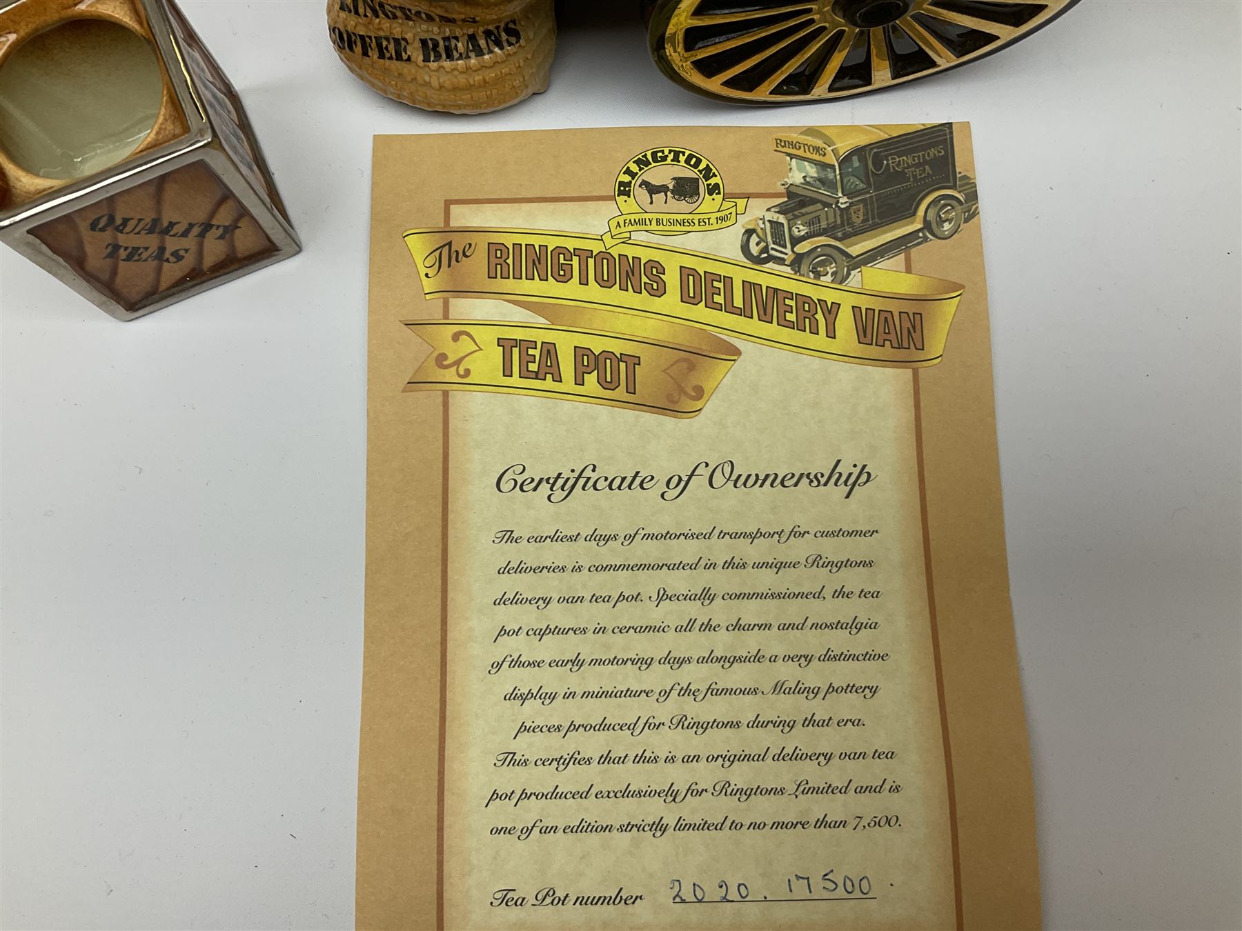 Ringtons novelty teapots, comprising the Ringtons Delivery Van teapot, and the Tea Merchant teapot, both with boxes and certificates of ownership.