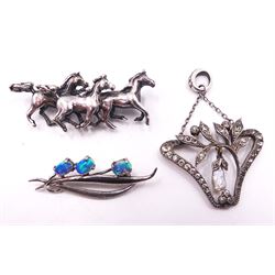 Collection of silver jewellery including butterfly wing brooch and pendant by Thomas L Mott, Art Nouveau pearl and paste pendant, marcasite, opal and amber brooches, lapis lazuli ring, pearl necklace etc and a rice pearl necklace with 9ct gold clasp 