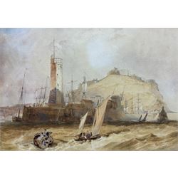 James Duffield Harding (British 1797-1863): Scarborough Lighthouse (pre-1843), watercolour unsigned 23cm x 34cm 
Notes: an original sketch for the engraving by William Finden (1787-1852) produced for the series 'Ports, Harbours, Watering Places and Coast Scenery of Great Britain', pub. London 1836-1842. 
Provenance: private collection, purchased David Duggleby Ltd 9th September 2016 Lot 223