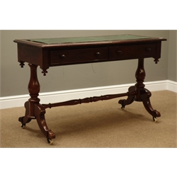  Victorian mahogany console table, inset rectangular moulded top, with two drawers, stretcher base, W123cm, H76cm, D53cm  