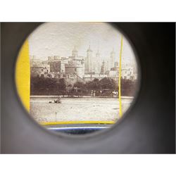 Mahogany tabletop Stereo viewer, with four Valentine Blancherd stereograph views of London, H32cm