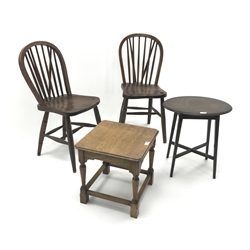  Pair early 20th century ash and elm stick back chairs, turned supports (W37cm) and two small tables (4)  