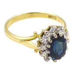 Gold oval sapphire and diamond cluster ring, stamped 18ct