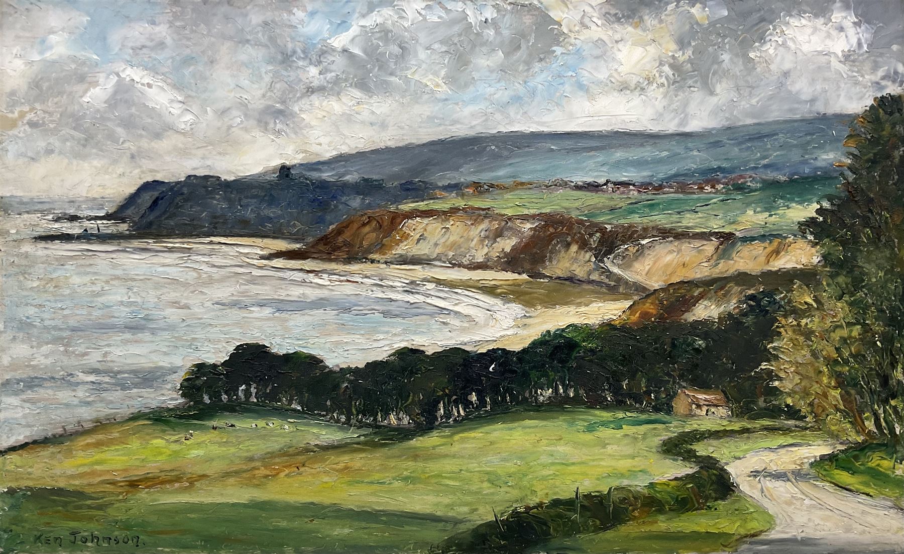 Ken Johnson (British 20th century): Whitby from Lythe Bank, oil on board signed 37cm x 60cm