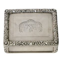 Rare Victorian silver provincial snuff box, of rounded rectangular form, the hinged cover with central engraved crest above motto 