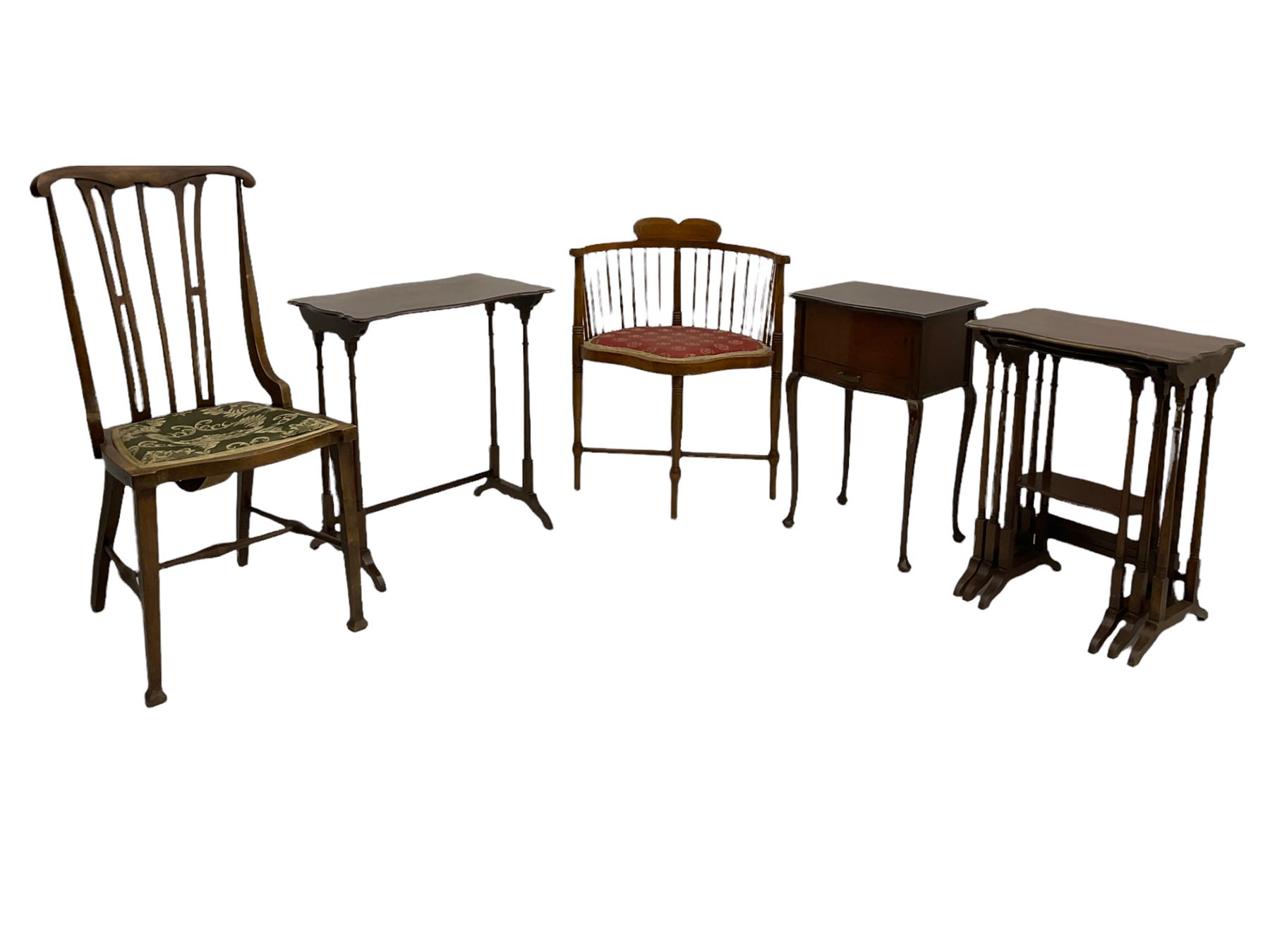 Edwardian corner chair, sewing box, nest of tables, two chairs, luggage stand, stool, drop leaf table and occasional table