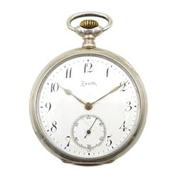 Silver open face keyless lever 15 rubies pocket watch by Zenith, No. 1197144, white enamel dial with Arabic numerals and subsidiary seconds dial, inner dust cover engraved Grand Prix Paris 1900,  back case decorated with dancing figure, Grouse hallmark 