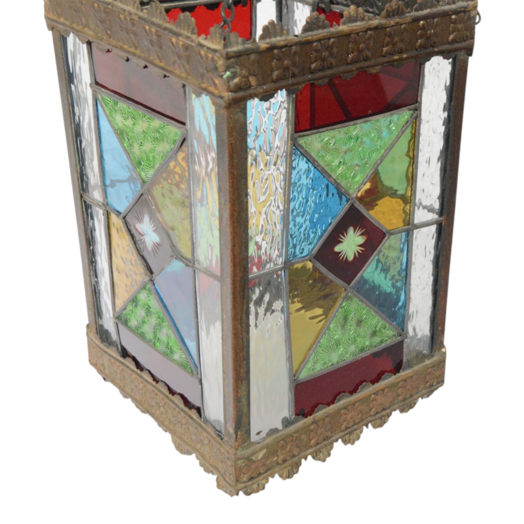 Edwardian metal framed hanging hall lantern, of rectangular form, with leaded stained and clear glass panels, H28cm