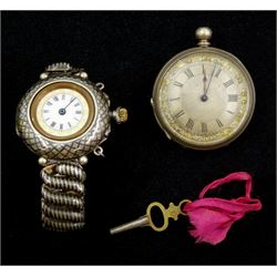  Early 20th century gunmetal manual wind wristwatch, in a niello silver case, on integrated expanding niello silver bracelet, wristwatch and a silver cylinder pocket watch
