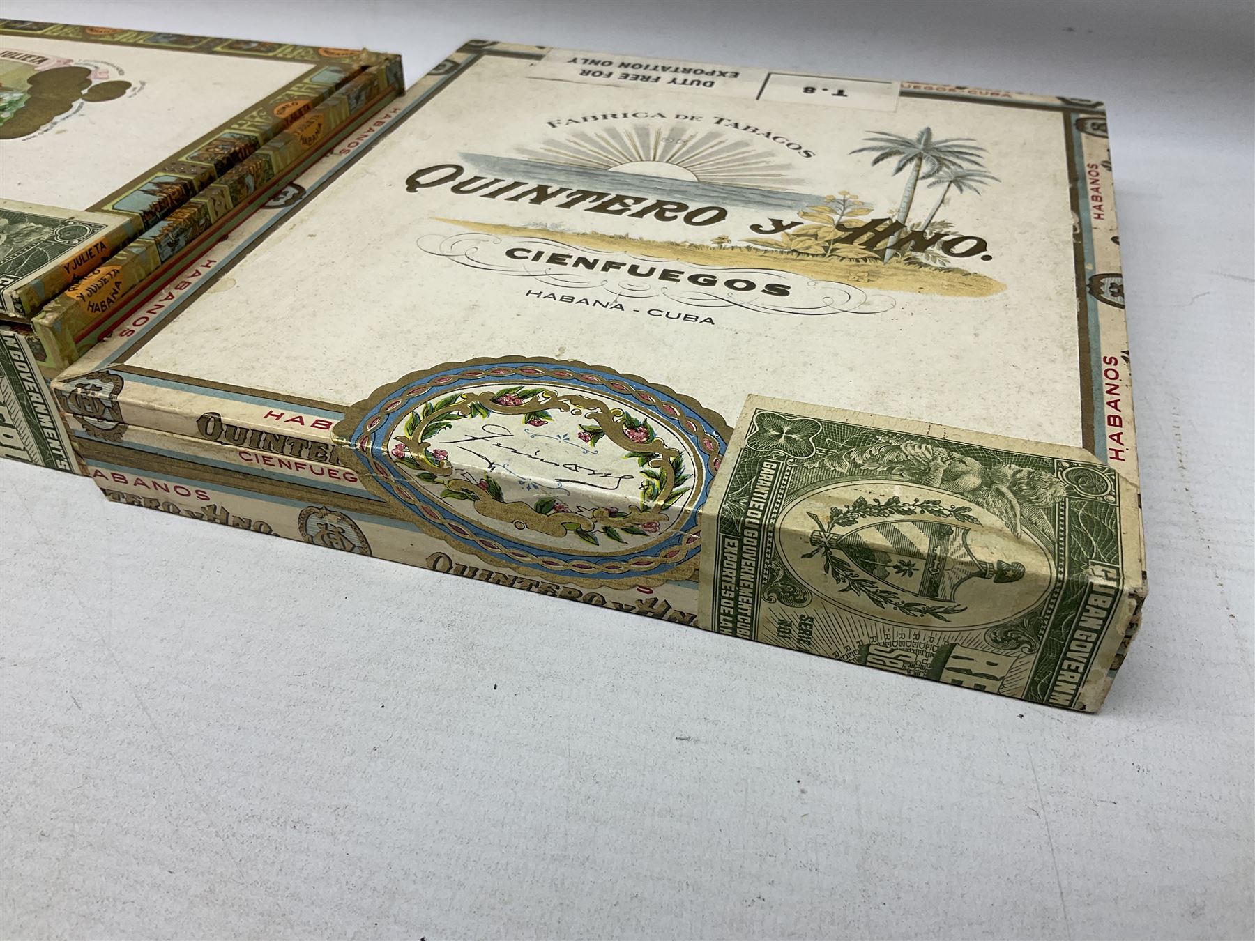 Victorian leather cigar protector with metal match striking plate on the end, and quantity of boxed cigars, comprising Willem II Churchill cigar, Willem II double dutch, Quintero Y Hno Habana cigars and Romeo Y Julieta, habana