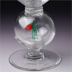 Set of six 1930s glass goblets by William Swingewood for Stevens & Williams, each goblet with lampwork glass stem, the large hollow blown knop containing dog, pair of hounds, horse, raven and two with flowers, H18cm (6)